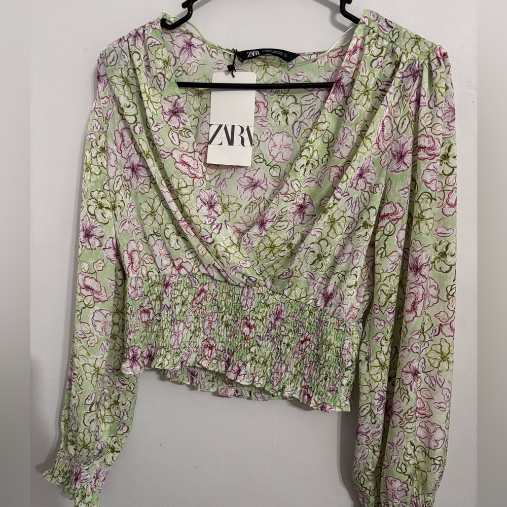 Zara Green and Pink Floral Wrap Blouse